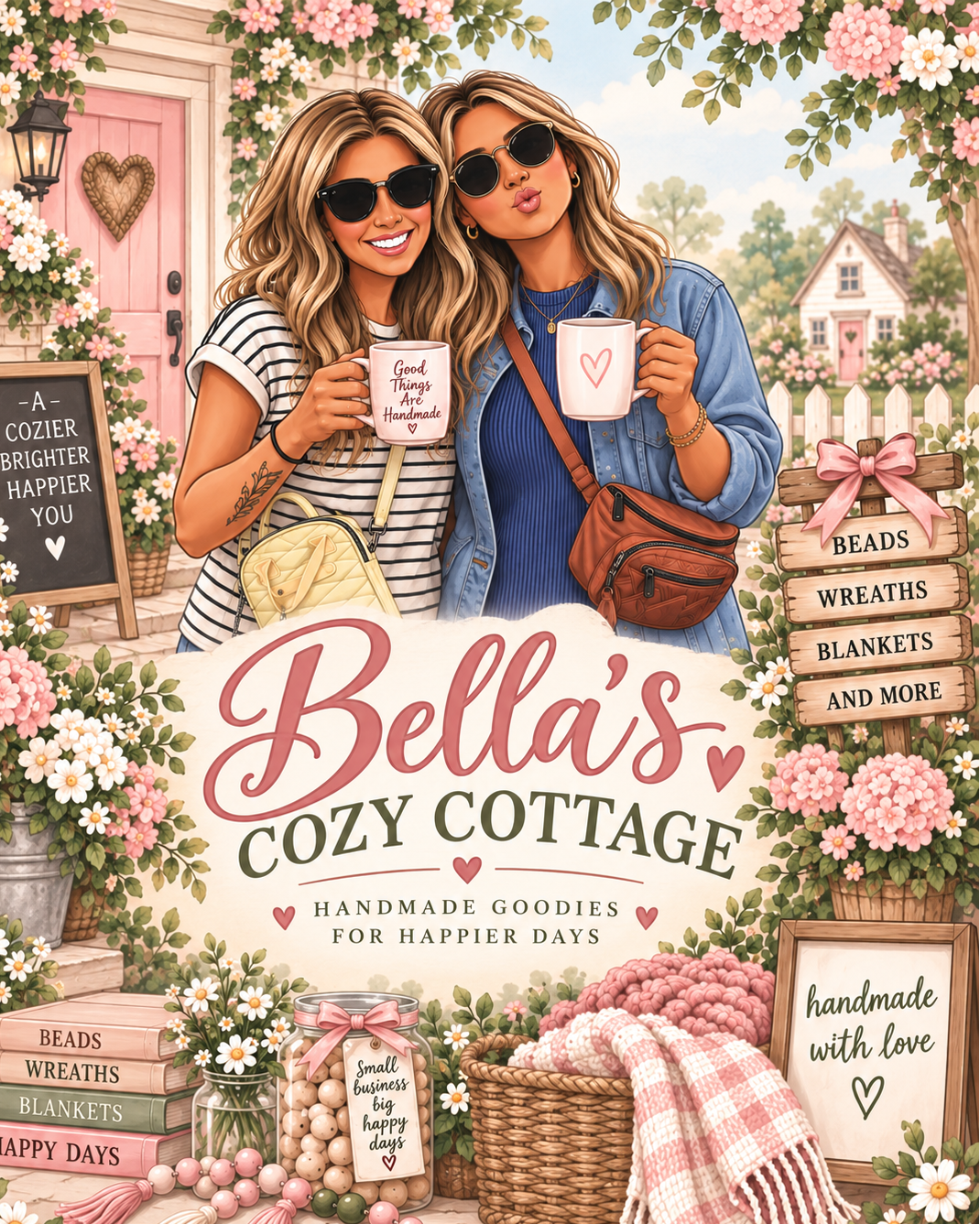 A decorative storefront-style illustration for Bella's Cozy Cottage handmade goodies. Two women in sunglasses stand in front of a pink door holding mugs, surrounded by flowers, baskets, books, and signs reading 'Bella's Cozy Cottage' and 'Handmade Goodies for Happier Days.